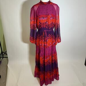 NWT Melonie T Eggplant Long Sleeve Floral Tiered Maxi Dress Womens Size 10 Boho